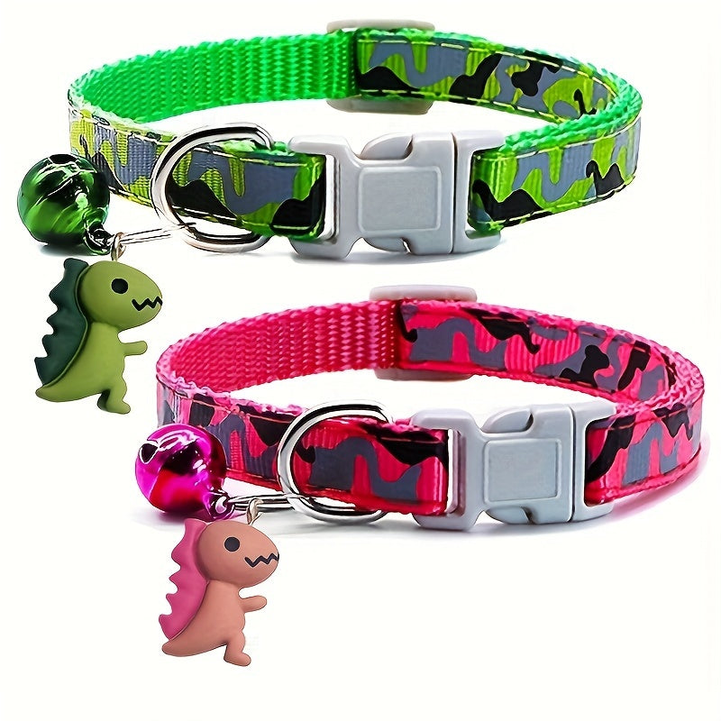 GEKTIMER Adjustable Camo Print Pet Collar with Bell and Cute Dinosaur Charm, Soft Padded Comfortable Design, Ideal Fashion Accessory for Cats, Kittens, and Small Dogs, Polyester Material in Cute Style