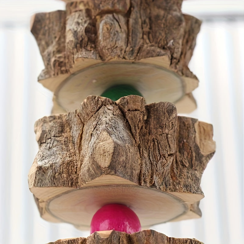 Natures Delight - Durable Wooden Parrot Toy with Melodic Bell and Vibrant Beads - Stimulating Chewing & Grinding Aid for Birds Health - Perfect Cage Accessory