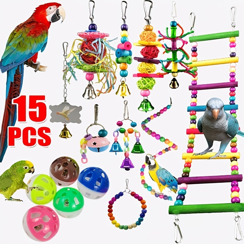 15pcs Parakeet Bird Toys - Stimulate Your Parrot's Mind with Fun Interactive Toys!