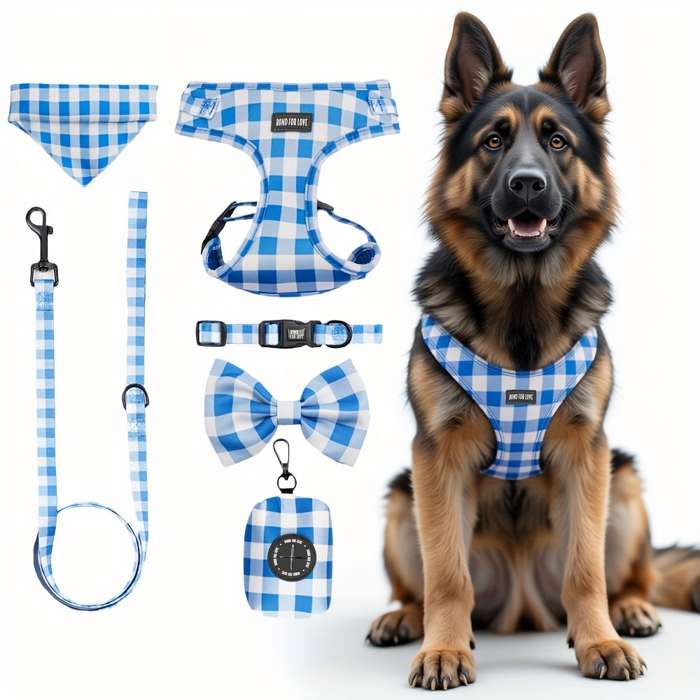 6pcs Plaid Dog Walking Set, Adjustable Pet Harness, 4 Ft Leash, Bowtie, Flag, Waste Bag Dispenser, Polyester Fiber, for Small to Large Dogs, Without Battery