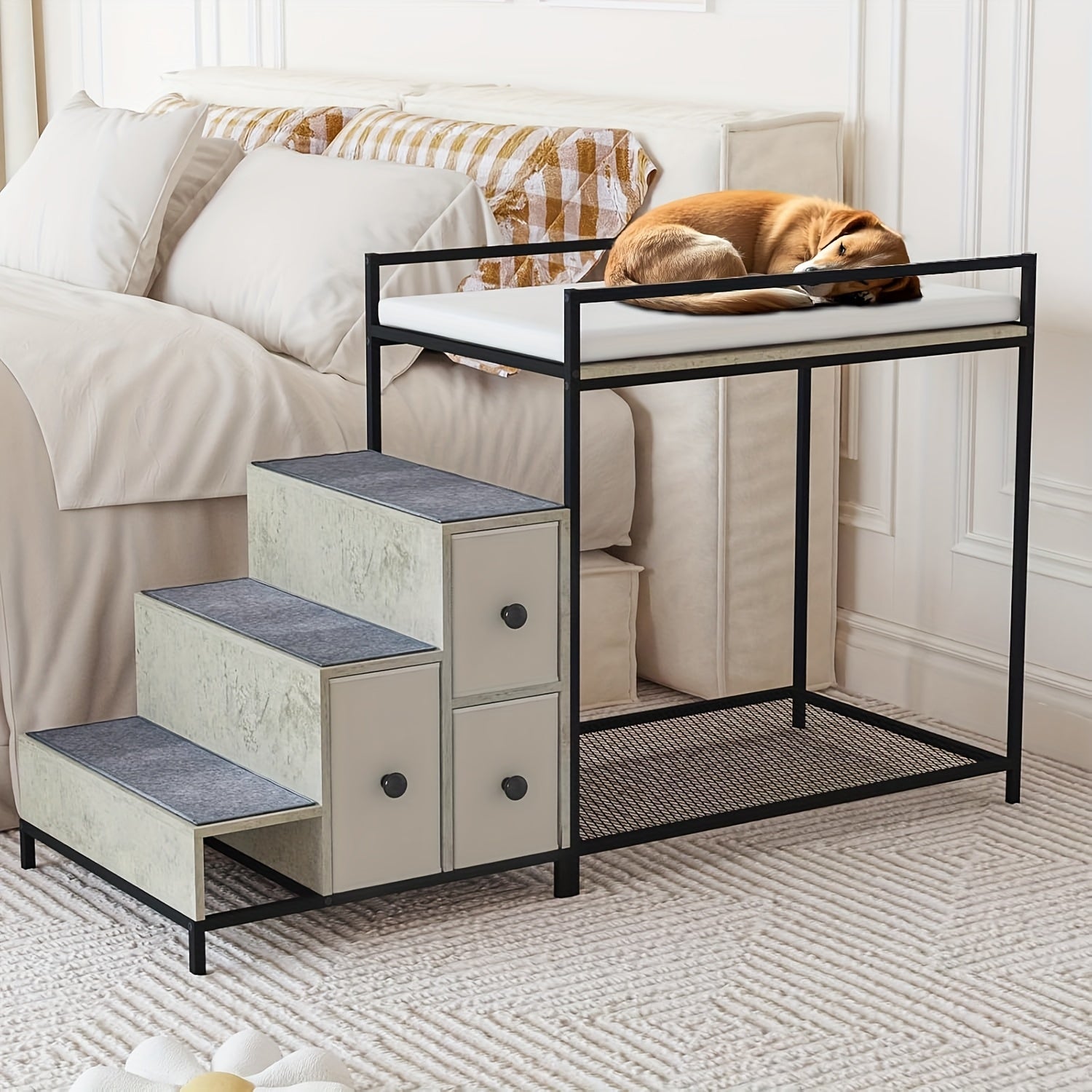 Multi-Level Pet Bunk Bed with Stairs & Storage Drawers - Elevated Dog Bed or Window perch, Sturdy Construction, Space-Saving Design for Small/Medium Dogs - Modern Home Decor Pet Furniture, Engineered Wood Frame, Apartment Pet