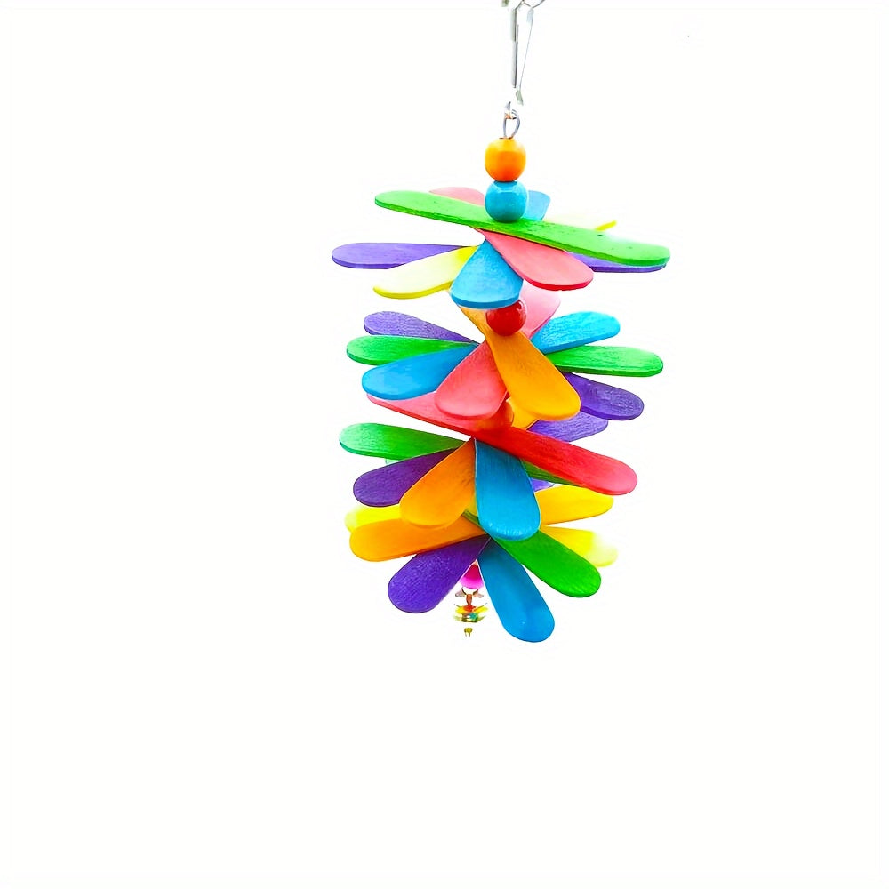 Colorful Wooden Parrot Chew Toy - Interactive Swing & Play for Birds, Cage Decor with Bell, Assorted Colors