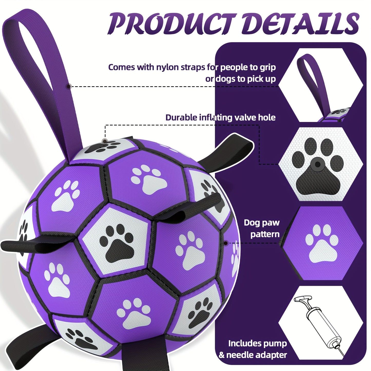 Durable Rubber Dog Soccer Ball with Straps - Interactive Chew-Resistant Pet Toy for All Breed Sizes, Purple & Black with Paw Print Design, Indoor/Outdoor Play & Training, Dog Ball Toy, Large Surface Area