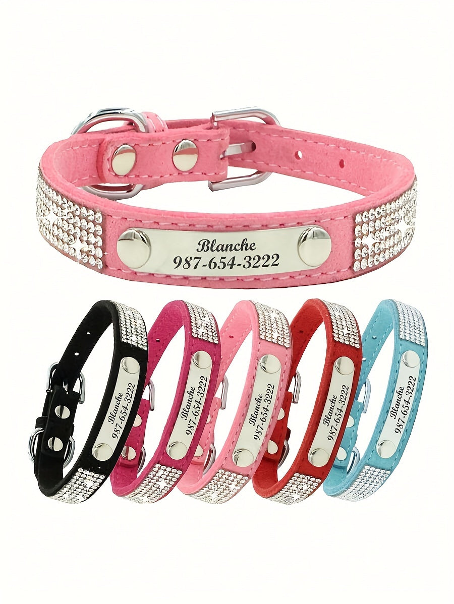 Personalized Rhinestone Dog Collar with Engraved ID Tag