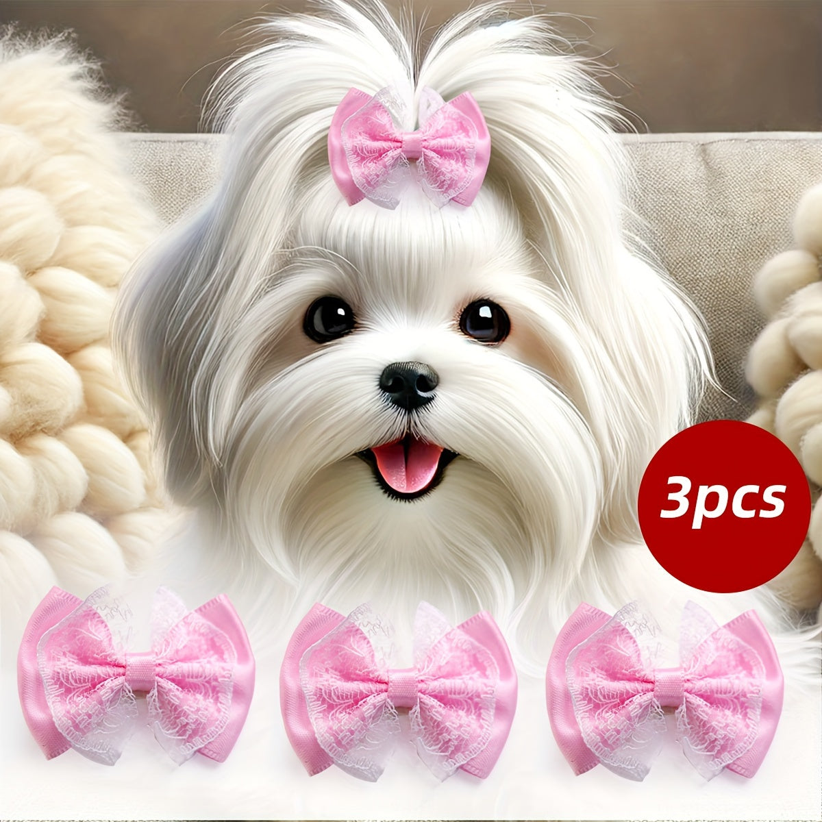 3 Pcs Cute Pink Lace Dog Hair Bows with Clips, Pet Grooming Accessories for Bichon, Teddy, Yorkshire, Maltese - Princess Style Puppy Hair Clips