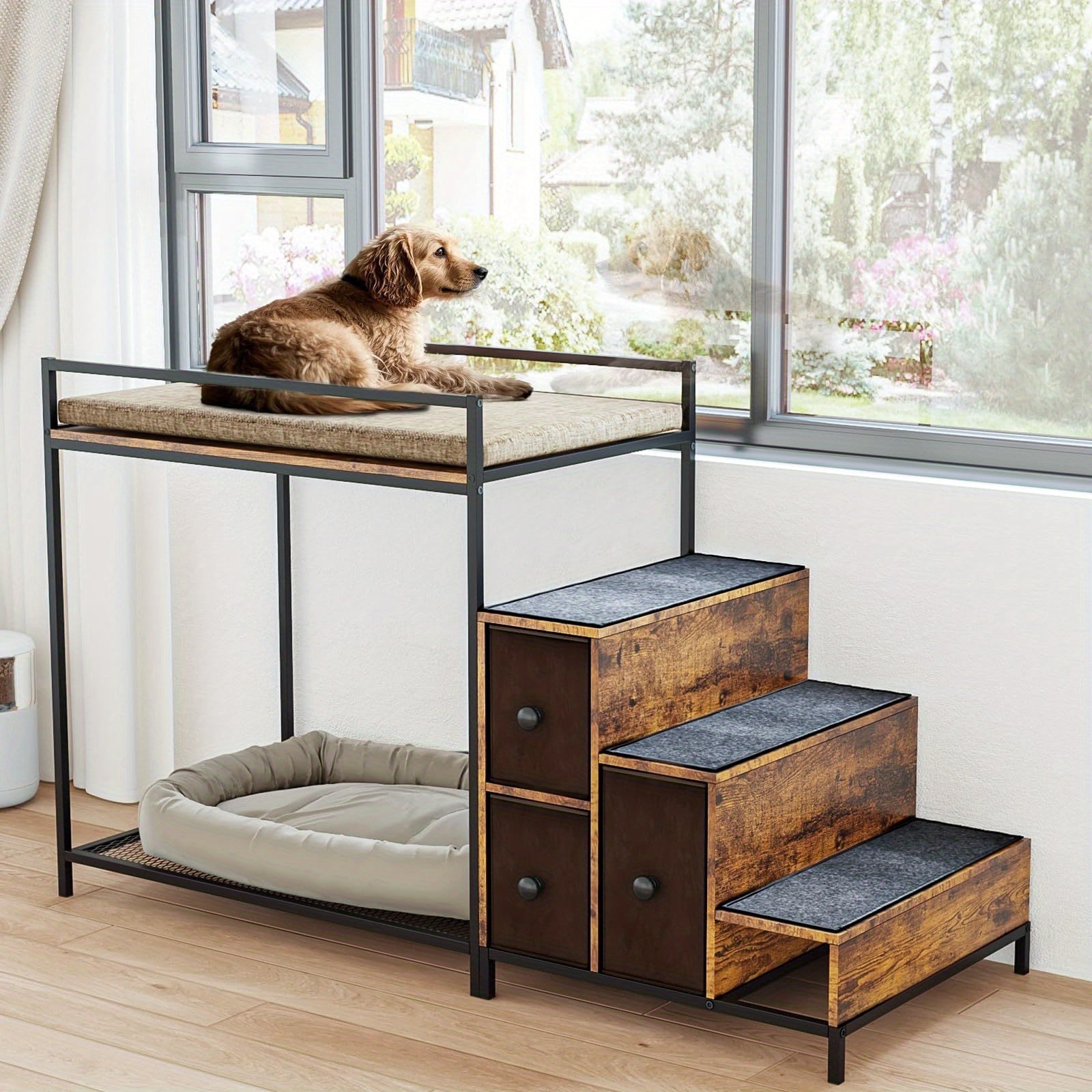 Multi-Level Pet Bunk Bed with Stairs & Storage Drawers - Elevated Dog Bed or Window perch, Sturdy Construction, Space-Saving Design for Small/Medium Dogs - Modern Home Decor Pet Furniture, Engineered Wood Frame, Apartment Pet