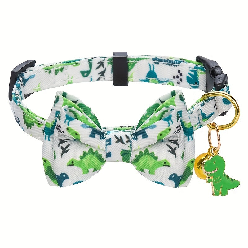 Adjustable Polyester Fiber Cat Collars with Animal Print, Bow Tie & Bell Pendant - CP627 Cute Pet Collar Set with Safety Buckle & Detachable Accessories