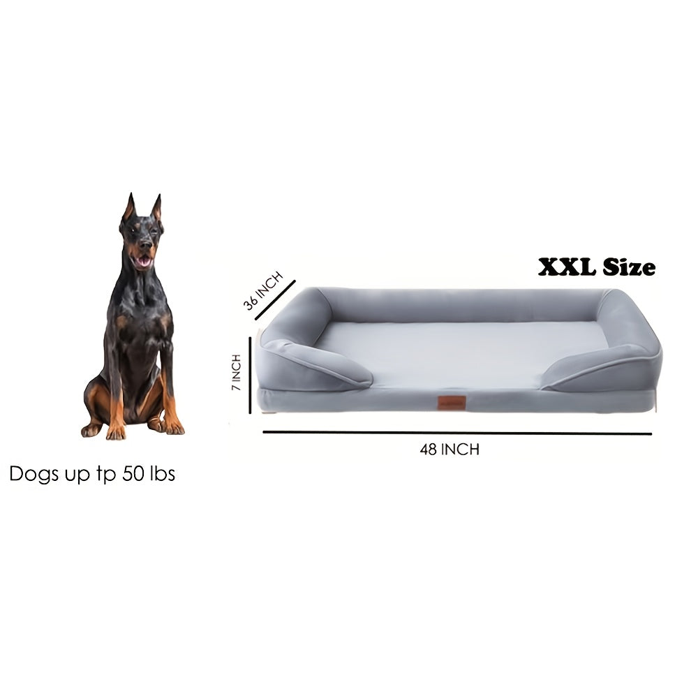 1pc Dog Bed - 100% Supportive Foam - Extra Large Dog Sofa Pet Bed with Removable Washable Cover and Soft Lining & Non-Slip Bottom - Grey, Available in 3 Sizes - Perfect Gift for Your Furry Friend, Ideal for Year-Round Use in