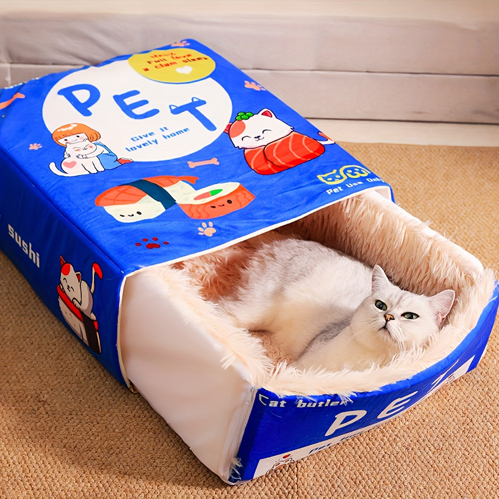 Rectangular Fully Enclosed Cat Bed with Snack Box Design - All-Season Cozy Pet Bed for Cats, Durable Polyester, Removable & Washable, Perfect Thanksgiving & Christmas Gift for Feline Friends, Cat Bed for Indoor Cats, Playful