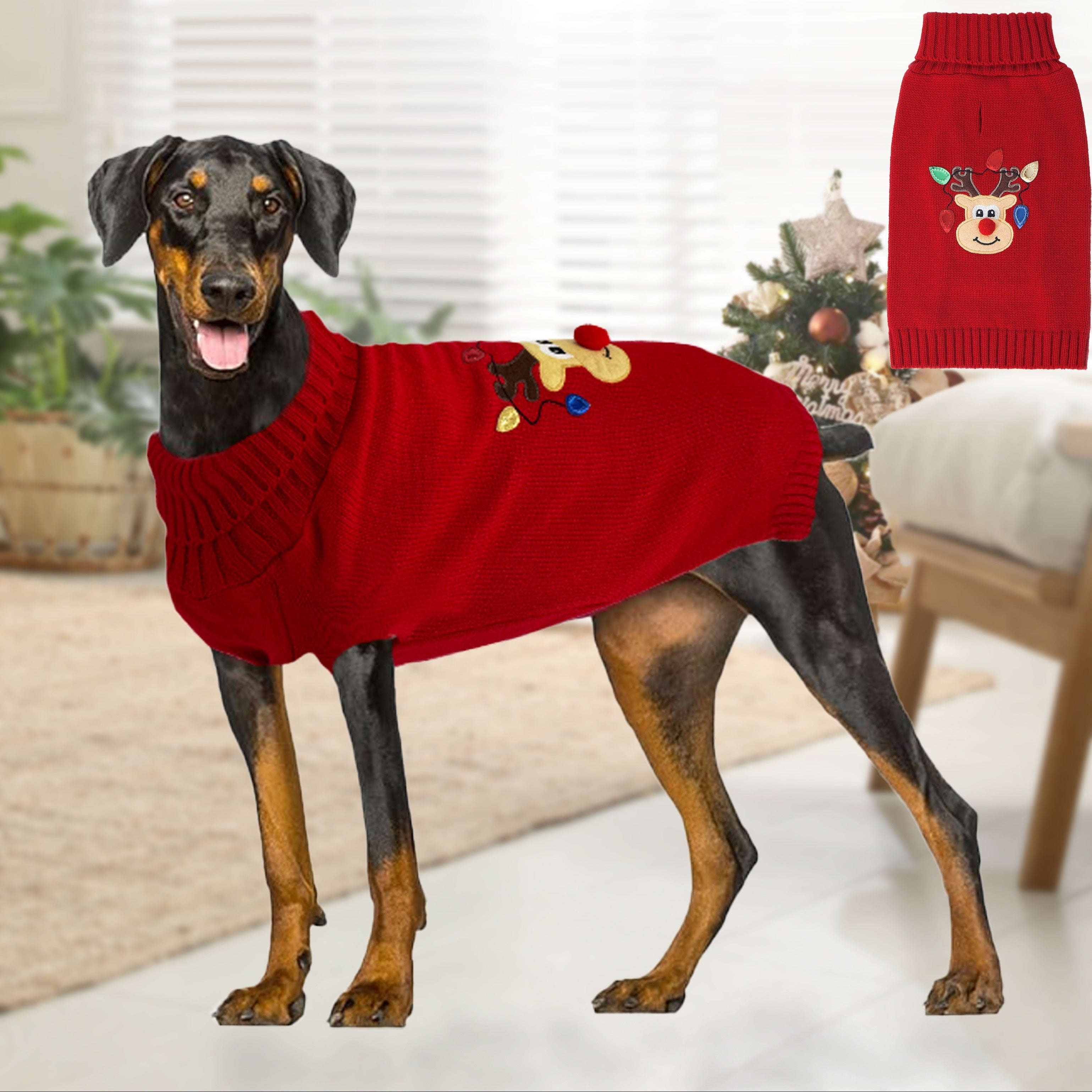 Red Doggie Sweater, Christmas Reindeer Graphic Puppy Dog Clothes for Stocking Stuffers, Pet Apparel