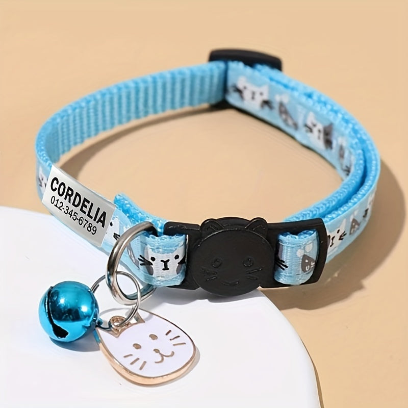 Customizable Cartoon Cat Print Pet Collar with Bell and Engraved ID Tag, Durable Polyester Adjustable Collar for Cats and Dogs, Personalized Name and Phone Number for Lost Prevention - Perfect Gift for Pets