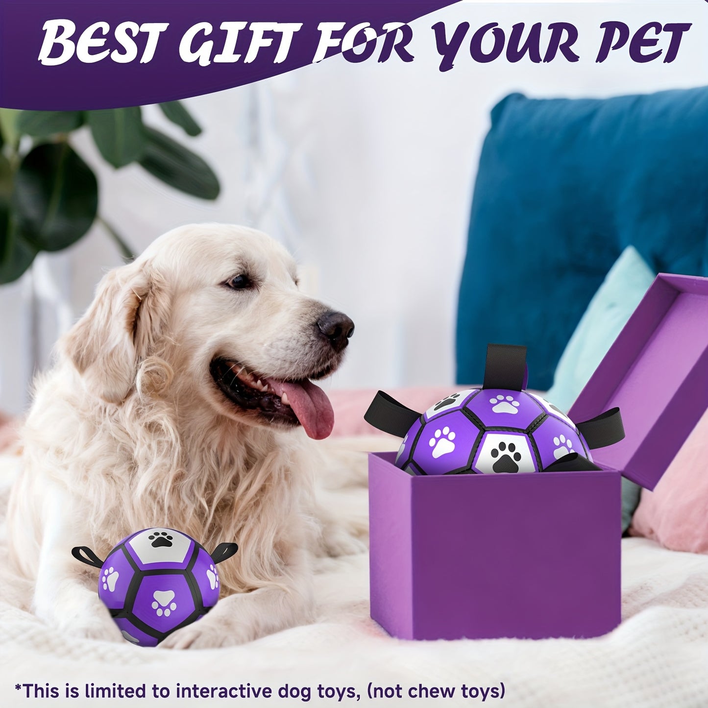Durable Rubber Dog Soccer Ball with Straps - Interactive Chew-Resistant Pet Toy for All Breed Sizes, Purple & Black with Paw Print Design, Indoor/Outdoor Play & Training, Dog Ball Toy, Large Surface Area