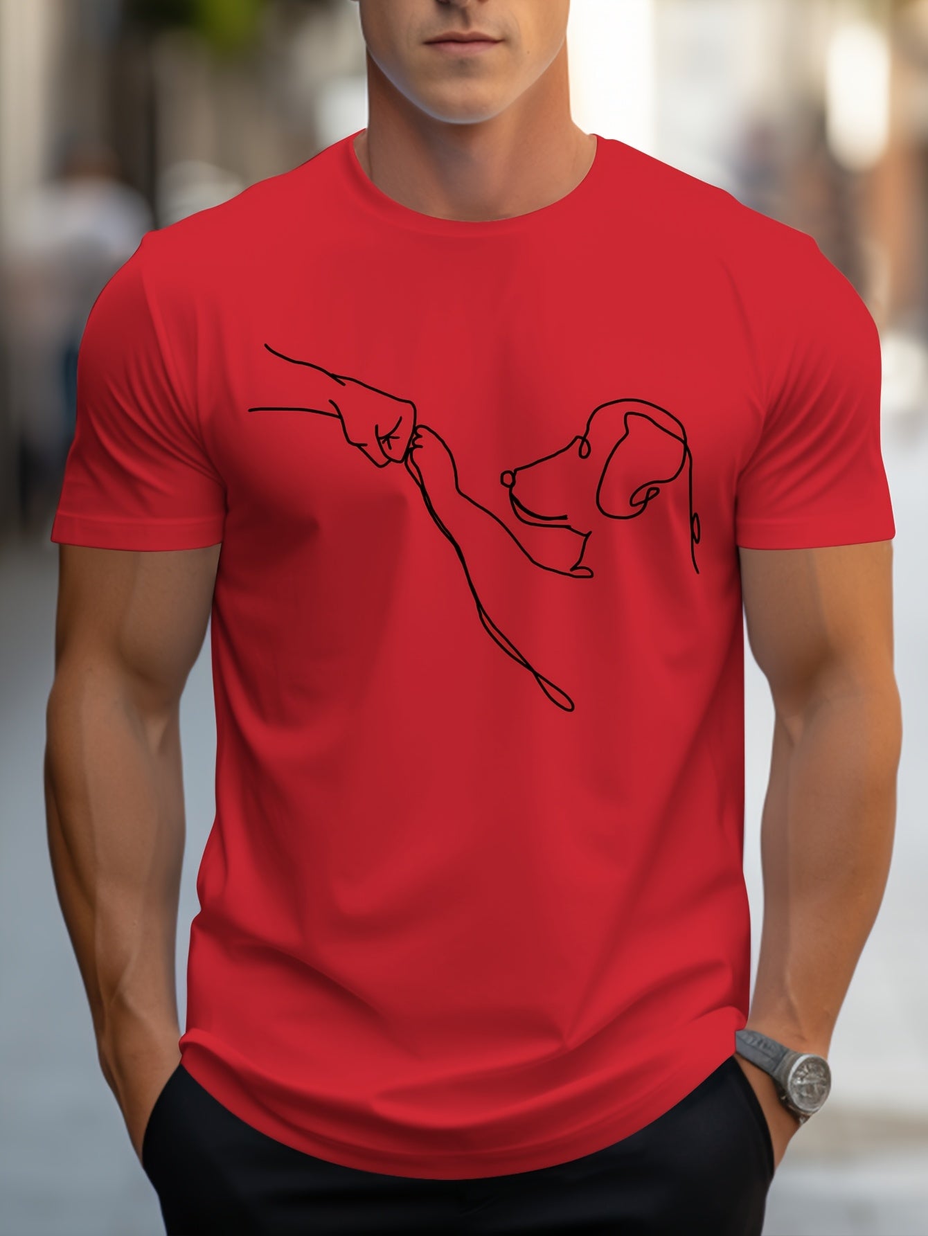 Men's Line Art Dog Print T-Shirt: Poop Scooper Exclusive! Super Cute Hand-Drawn Puppy Sketch, Minimalist Pet Interaction Design – Adorable Paw Print & Leash Graphic Tee
