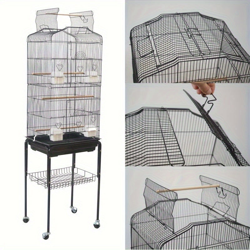 1pc 65-inch Extra-Large Open-Style Bird Cage with Detachable Rolling Stand, Durable Metal Construction, and Spacious Interior for Comfortable Living of Parrots, Lovebirds, Sparrows, Canaries, Long-tailed Small Parrots, Black