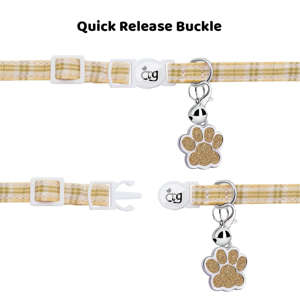 Personalized Custom Metal Paw Tag Pet Collar with Safe Buckle, Bow Tie, Nylon Material, Fresh Plaid Pattern, and Bell - Ideal for Cats and Small Dogs