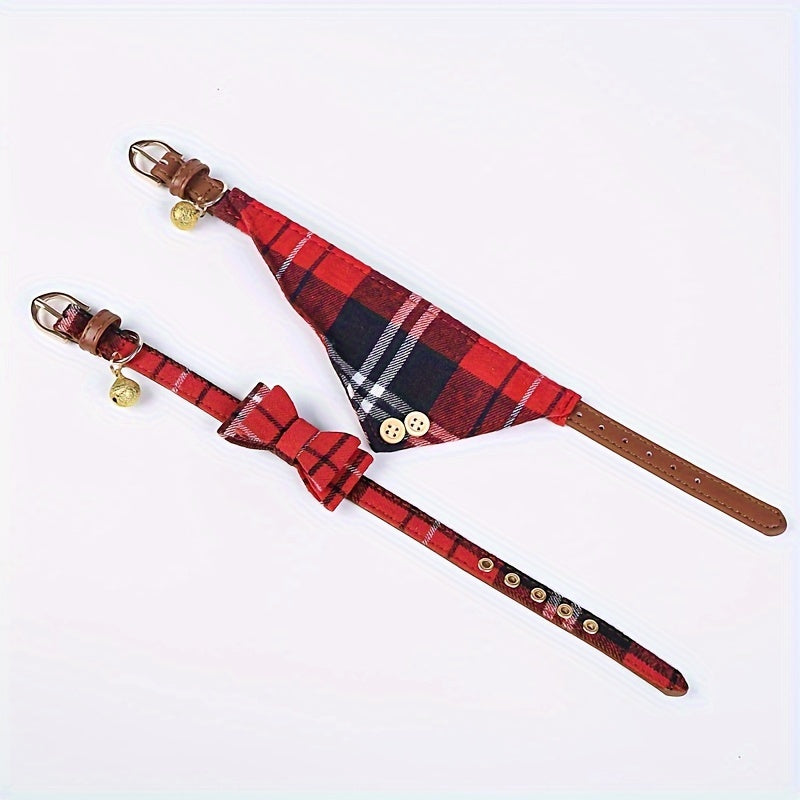 Plaid Leather Dog Collar Set with Bandana and Bowtie, Adjustable Pet Collar with Leash and Bell for Small to Medium Dogs and Cats, Machine Washable