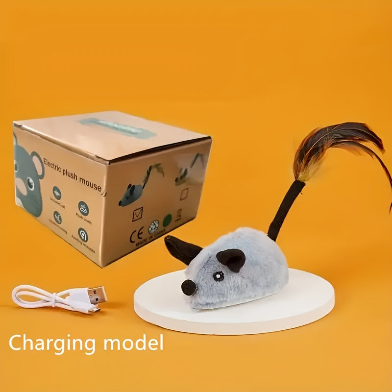 Interactive Whisker Wonders 1pc USB Plush Cat Toy - Electric Teaser Mouse with Sound, LED Lights, Turnaround Steering & Obstacle Avoidance - Durable Fabric Pet Toy with Feather Tail