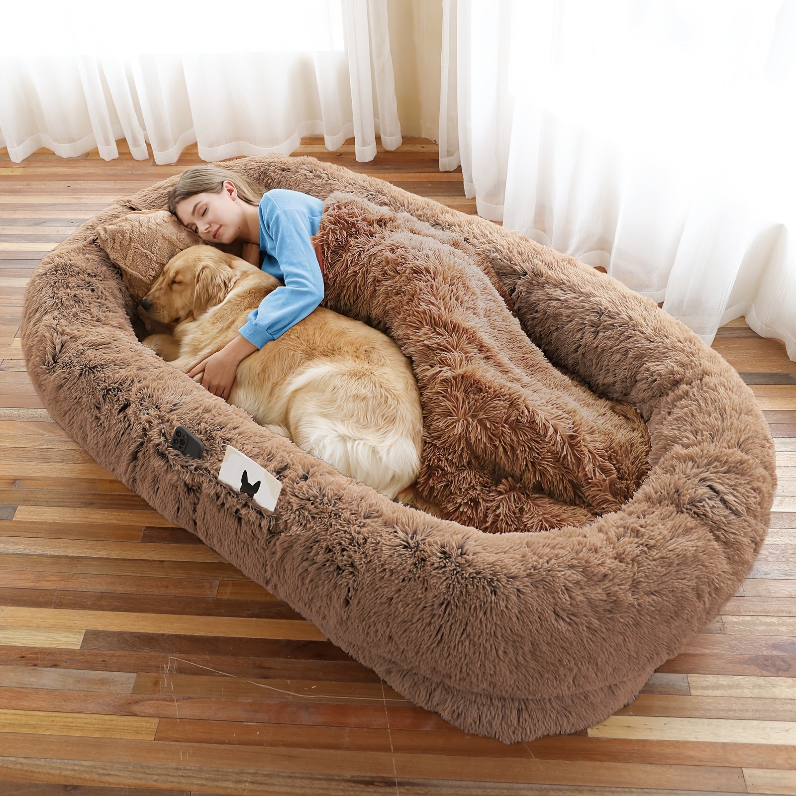 Extra Large Orthopedic Human & Dog Bed with Plush Pillow & Blanket - 71"x45"x12" Washable Faux Fur Pet Couch, Non-Slip Base, Removable Cover - Grey Bed for All Dog Breeds (Small/Medium/Large Dogs) & Cozy Napping Companion for