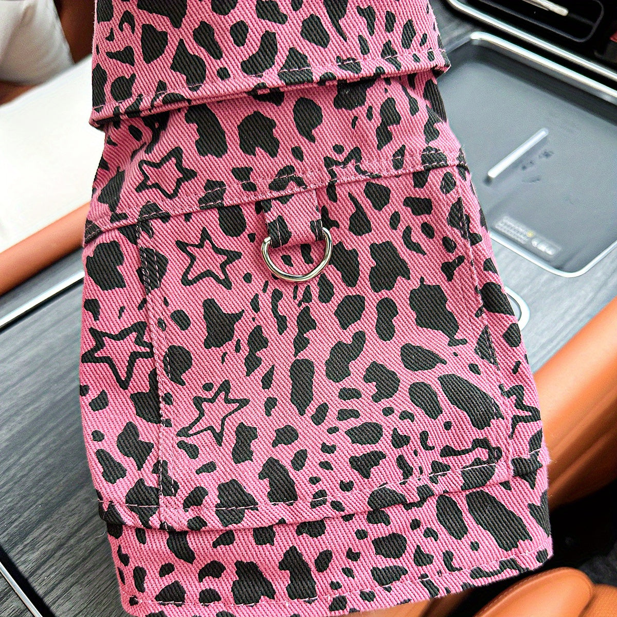 Small Breed Dog & Cat Fashionable Pink Leopard Print Denim Jacket, Comfortable Knit Fabric, Polyester, with Snap Button Closure for Pet Apparel
