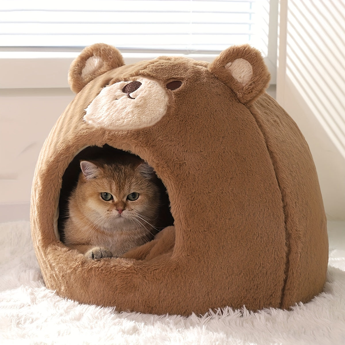 1pc Cozy Brown Bear Shaped Cat Bed - Portable Cat House & Condo for Indoor Cats - Thickened, Soft, and Warm Pet Bed for Ultimate Comfort and Relaxation