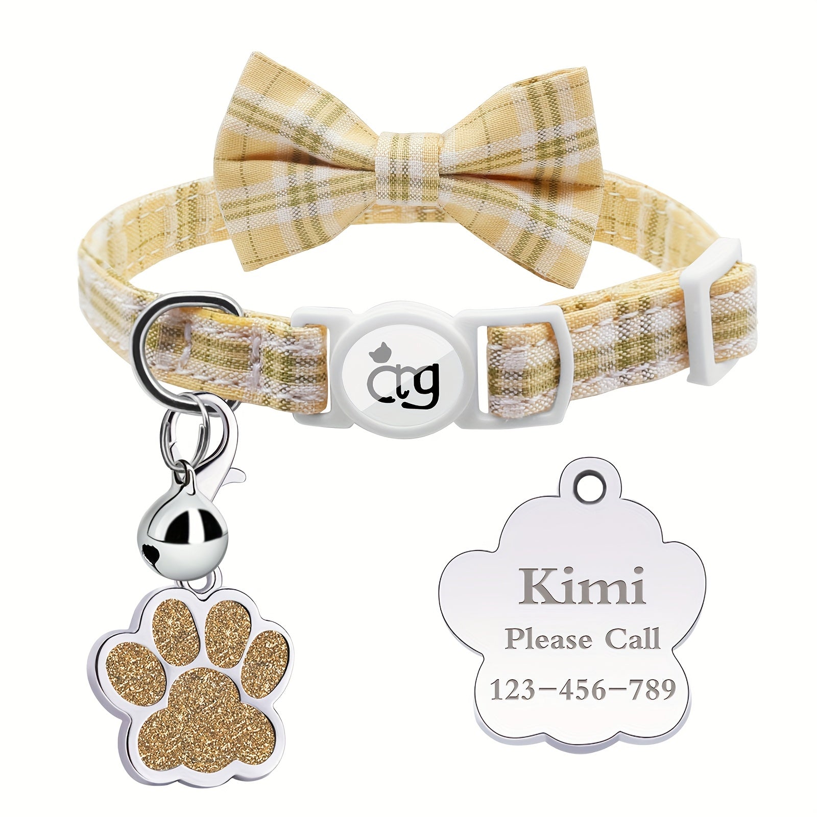 Personalized Custom Metal Paw Tag Pet Collar with Safe Buckle, Bow Tie, Nylon Material, Fresh Plaid Pattern, and Bell - Ideal for Cats and Small Dogs
