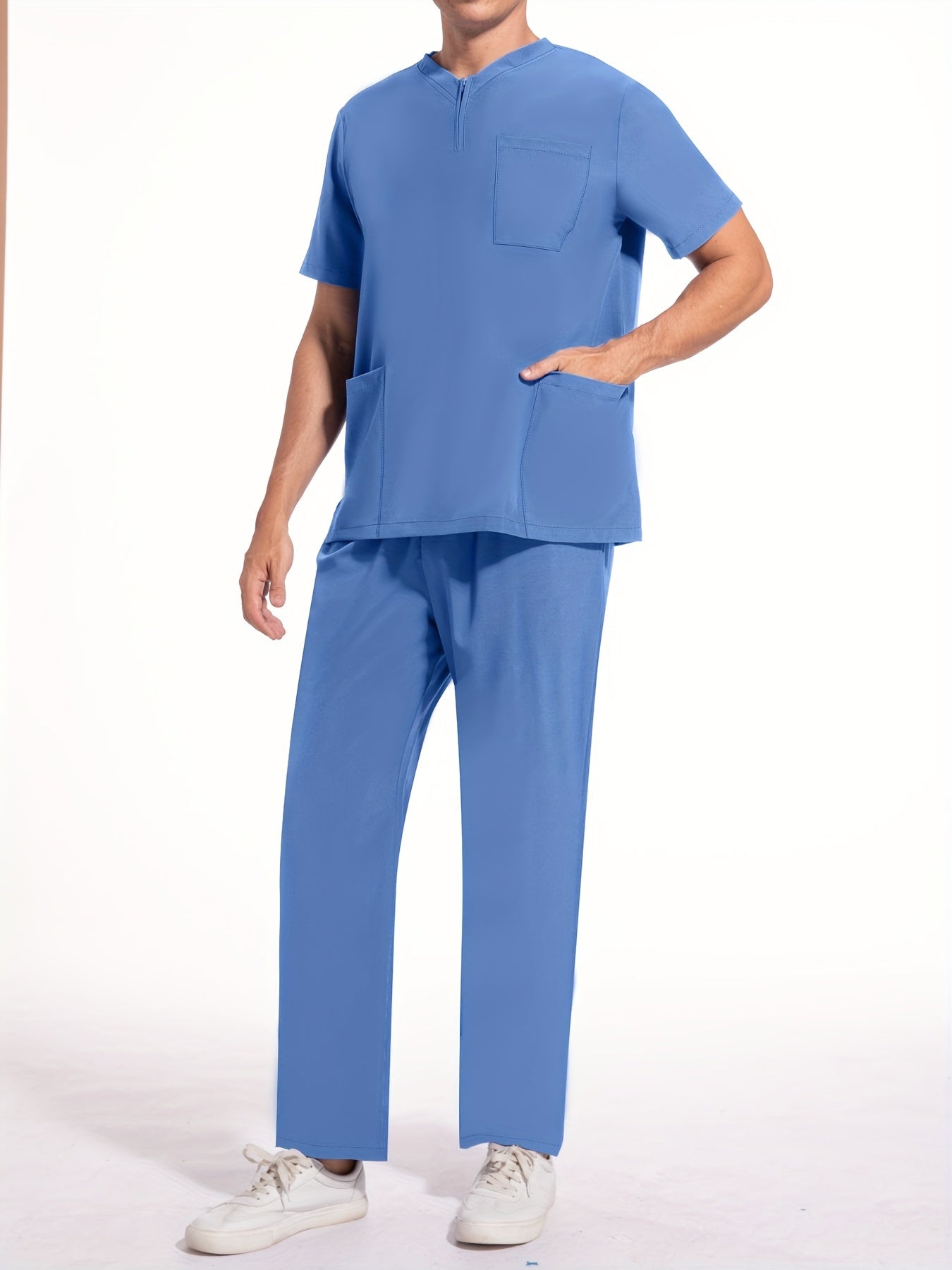 Men's Short Sleeve Summer Work Wear Set, Lab Coat, Pet Grooming Uniform, Breathable V-neck Top With Pockets And Long Pants Outfit
