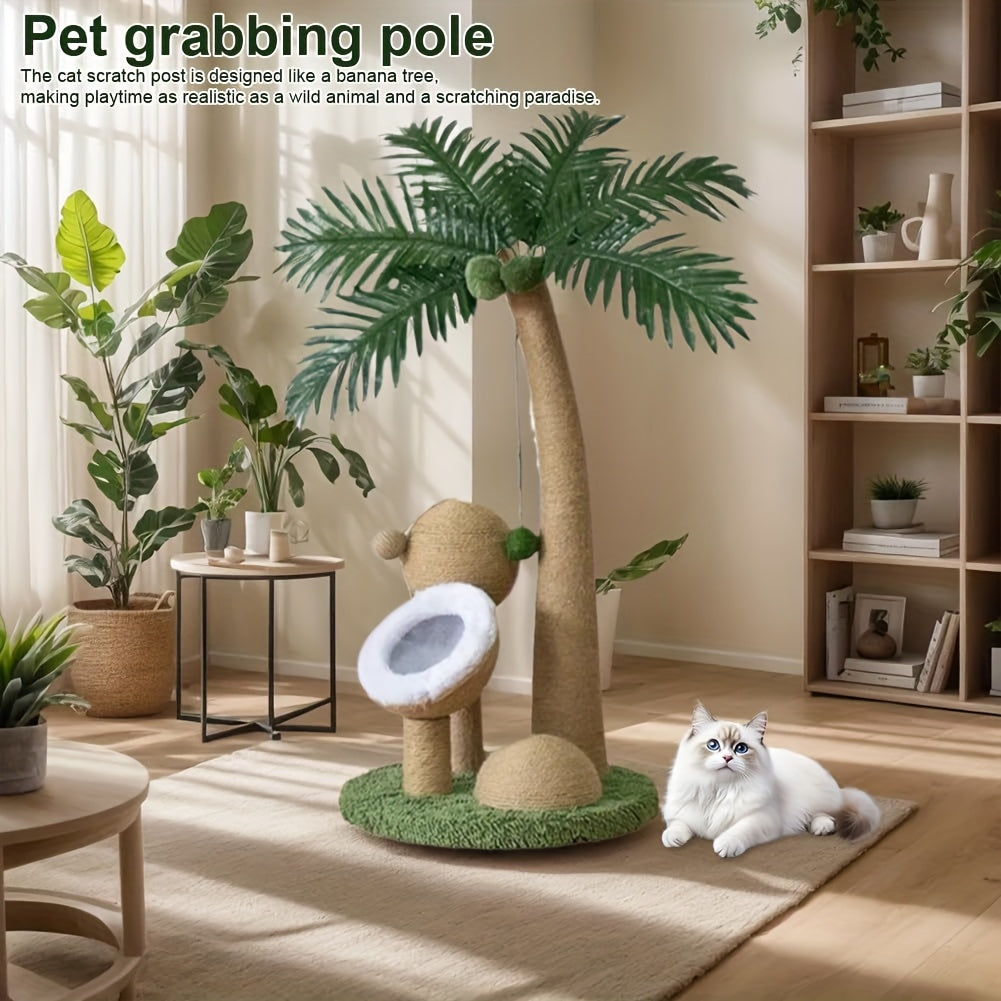 33 Inch Large Cat Scratching Post - Curved Palm Tree Design with Sisal Scratching Posts, 3 Interactive Balls & Dangling Toy, Sturdy Base & Anti-Topple for Climbing, Napping, Indoor Cats, Feline Enrichment, Playful Pet Furnitu