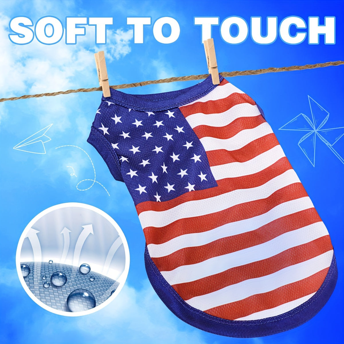 Patriotic American Flag Dog Vest - Comfortable & Stylish Pet Apparel for Independence Day & Outdoor Activities, Hand Wash Only, Adjustable Fit for All Breeds, 100% Polyester, Red, White & Blue Design
