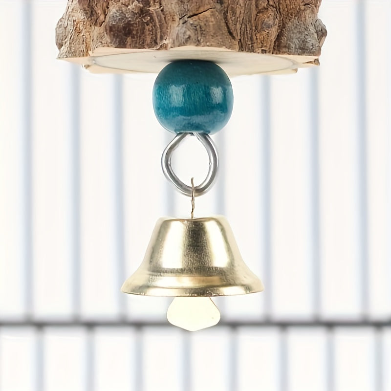 Natures Delight - Durable Wooden Parrot Toy with Melodic Bell and Vibrant Beads - Stimulating Chewing & Grinding Aid for Birds Health - Perfect Cage Accessory