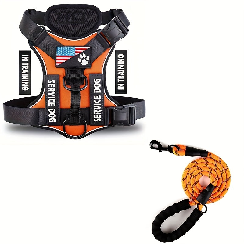 Service Dog Harness, Reflective Dog Vest Harness With 5 PCS Patches, Adjustable Soft Oxford Pet Harness, Inner Layer Mesh, Easy To Control For Small Medium Large Dogs With 59inch Traction Rope