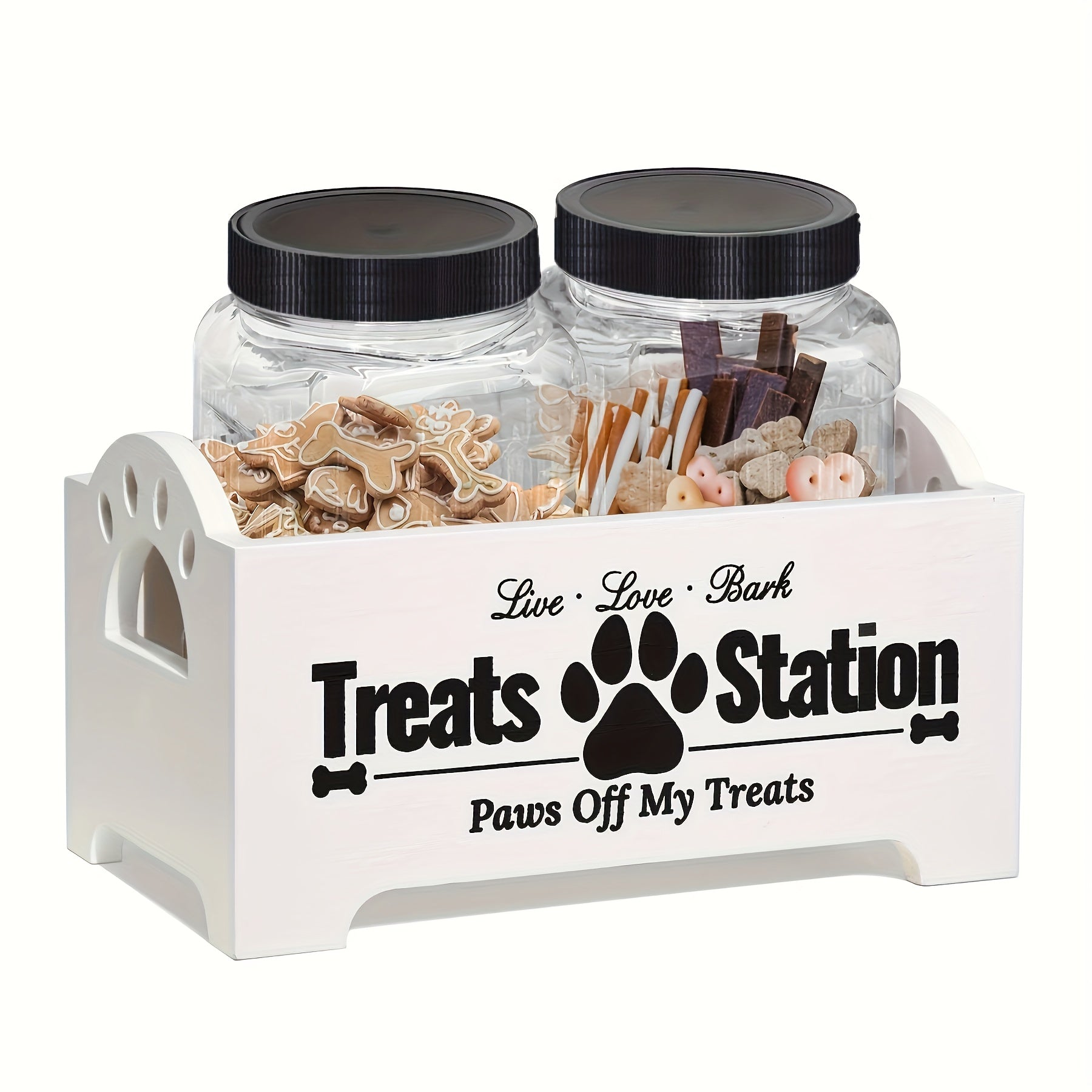 3pcs Wooden Dog Food Storage Organizer with 2 Plastic Containers, Farmhouse Pet Food Container, Wooden Dog Food Rack, Rectangle, Pet Feeding and Drinking Supplies, Country Style, Black and White Dog Food Storage Box