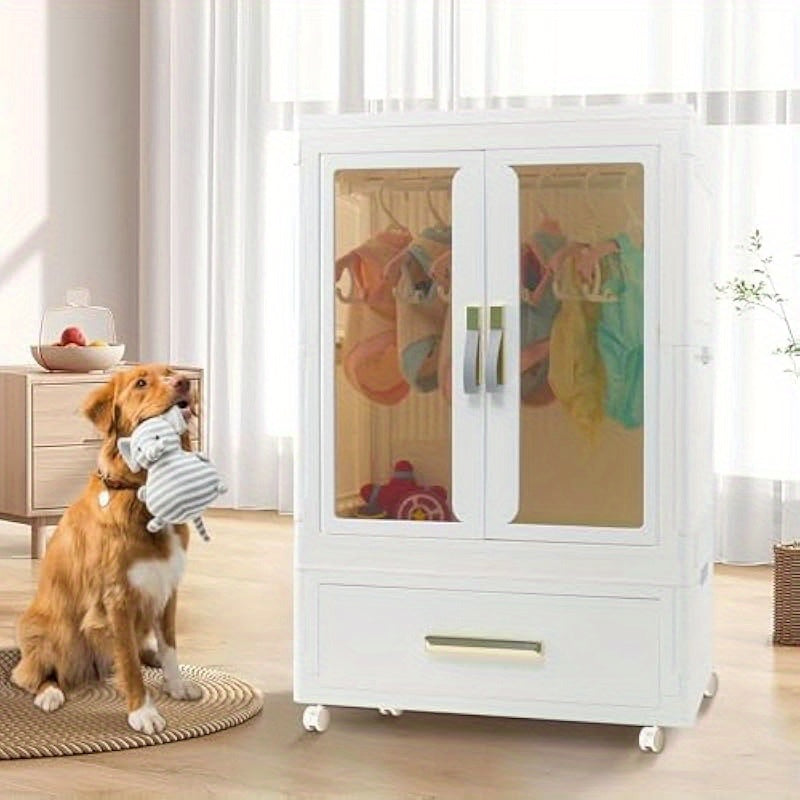 White Stackable Storage Cabinet with Doors & Wheels – Perfect for Pet Clothes, Toys, and Accessories Organizer – Durable Plastic Design with Hanging Rods for Dog Toys and Pet Apparel, Closet Organizer | Modern Pet Furnitu