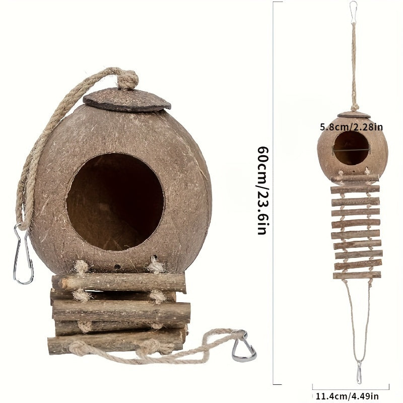 1pc Natural Coconut Bird Cage Hideaway with Ladder, Bird And Small Animal Toy (House with Ladder, Natural Surface)