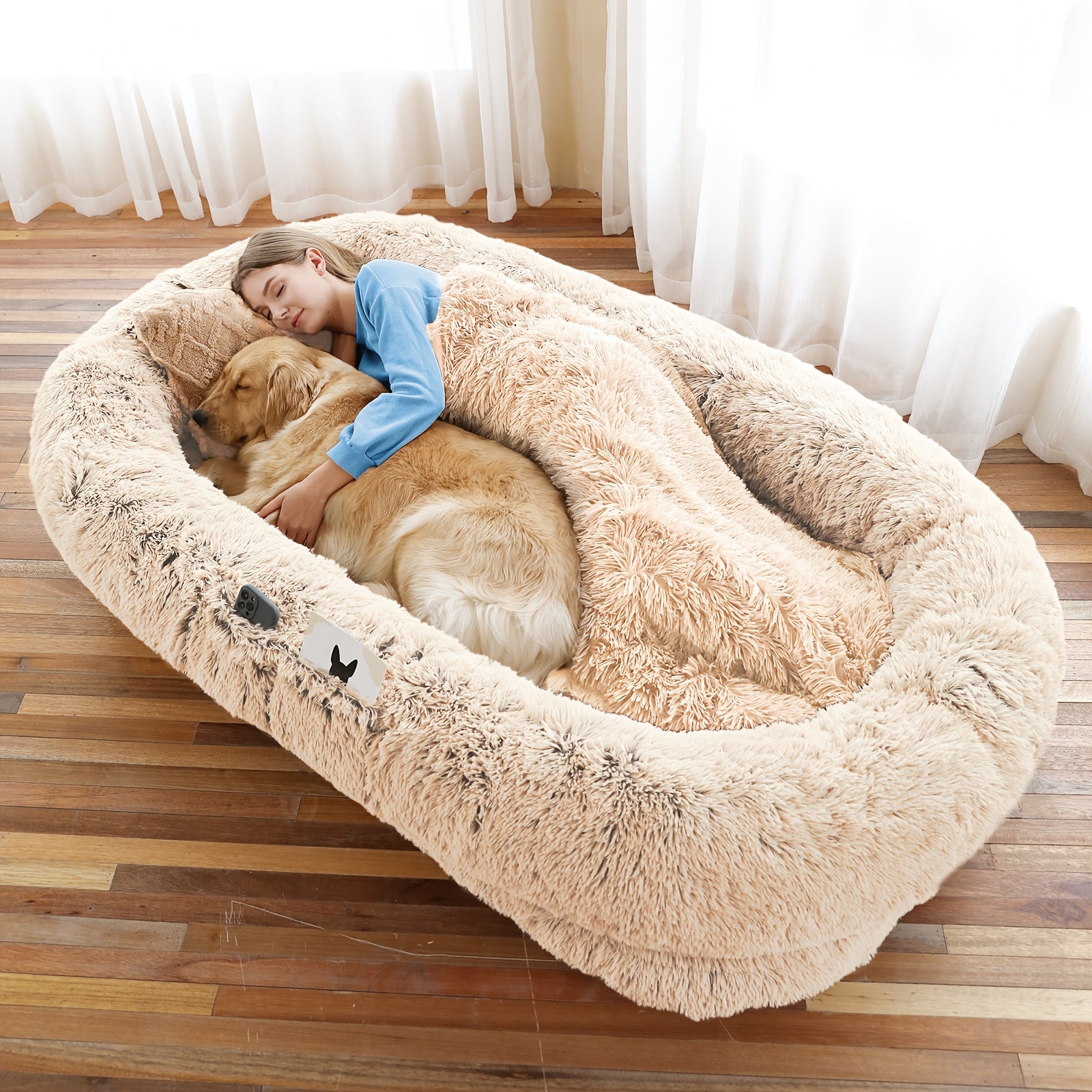 Extra Large Orthopedic Human & Dog Bed with Plush Pillow & Blanket - 71"x45"x12" Washable Faux Fur Pet Couch, Non-Slip Base, Removable Cover - Grey Bed for All Dog Breeds (Small/Medium/Large Dogs) & Cozy Napping Companion for