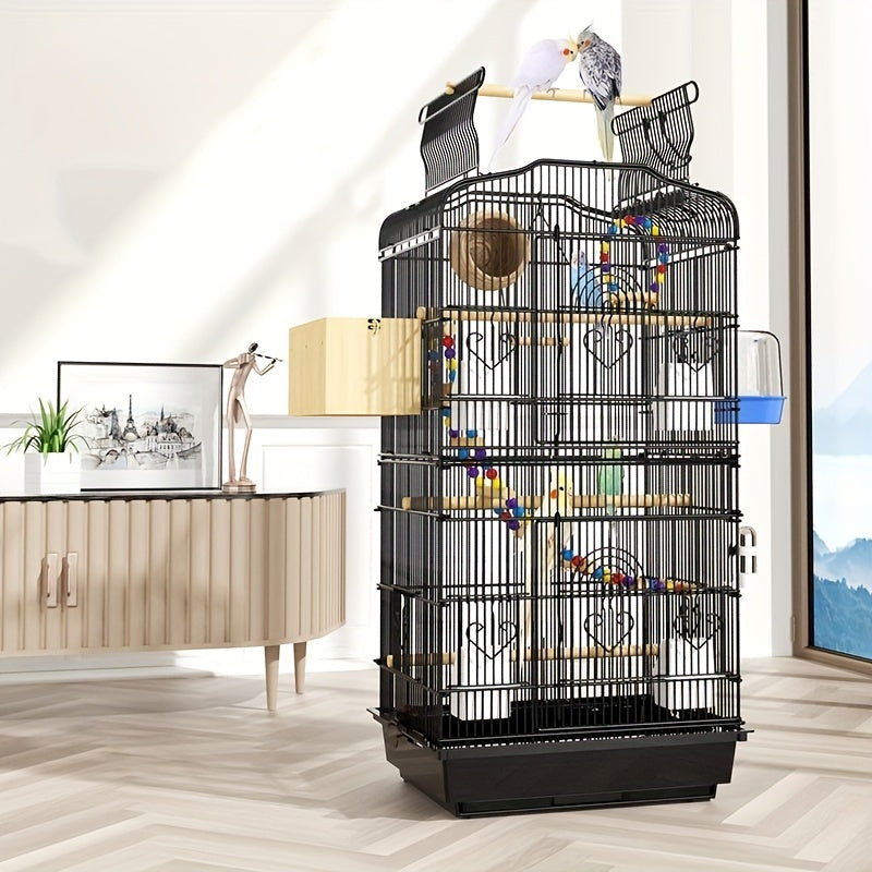 1pc 65-inch Extra-Large Open-Style Bird Cage with Detachable Rolling Stand, Durable Metal Construction, and Spacious Interior for Comfortable Living of Parrots, Lovebirds, Sparrows, Canaries, Long-tailed Small Parrots, Black