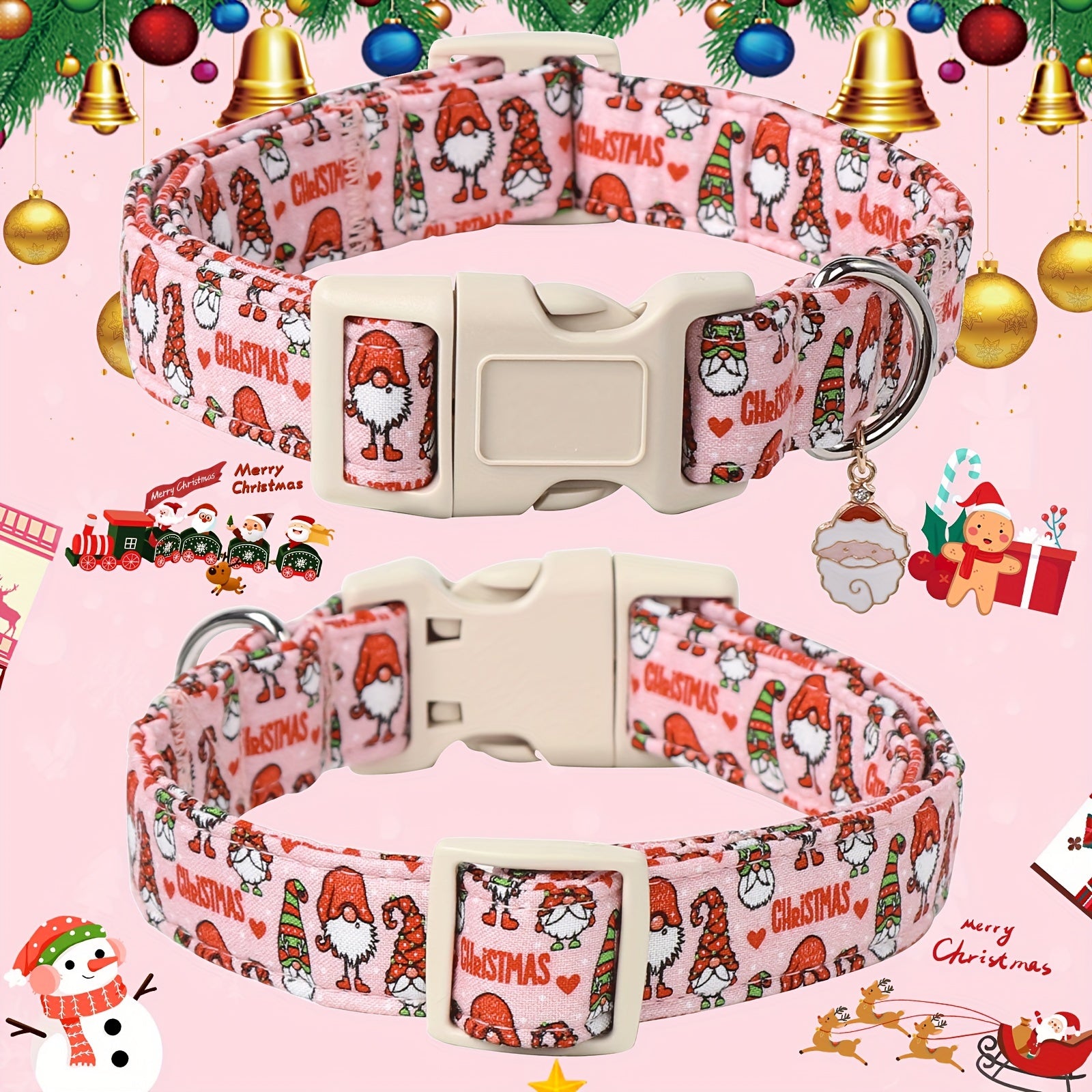 Festive Christmas Dog Collar with Santa & Snowman Prints - Adjustable, Soft Cotton Pet Collar for Small to Large Breeds - Includes D-Ring for Leash Attachment