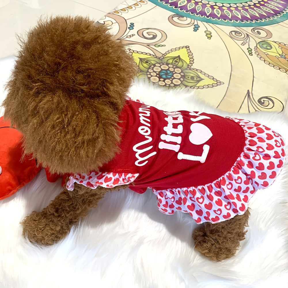 1pc Mommy'S Little Love Dog Dress - Knit Polyester & Spandex Pullover Pet Apparel for Small Breeds, Machine Washable, All-Season Cute Female Puppy Shirt with Skirt
