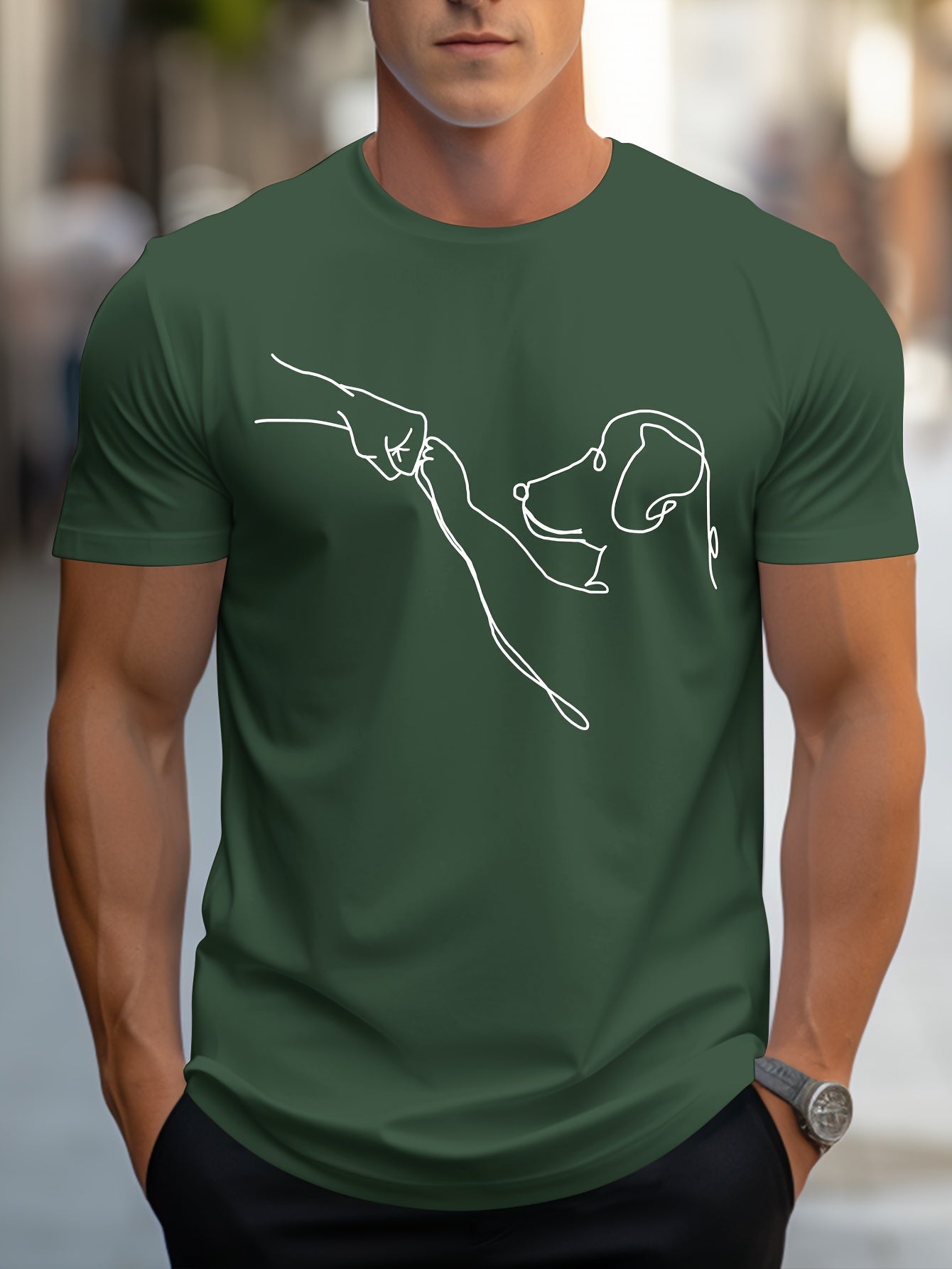 Men's Line Art Dog Print T-Shirt: Poop Scooper Exclusive! Super Cute Hand-Drawn Puppy Sketch, Minimalist Pet Interaction Design – Adorable Paw Print & Leash Graphic Tee