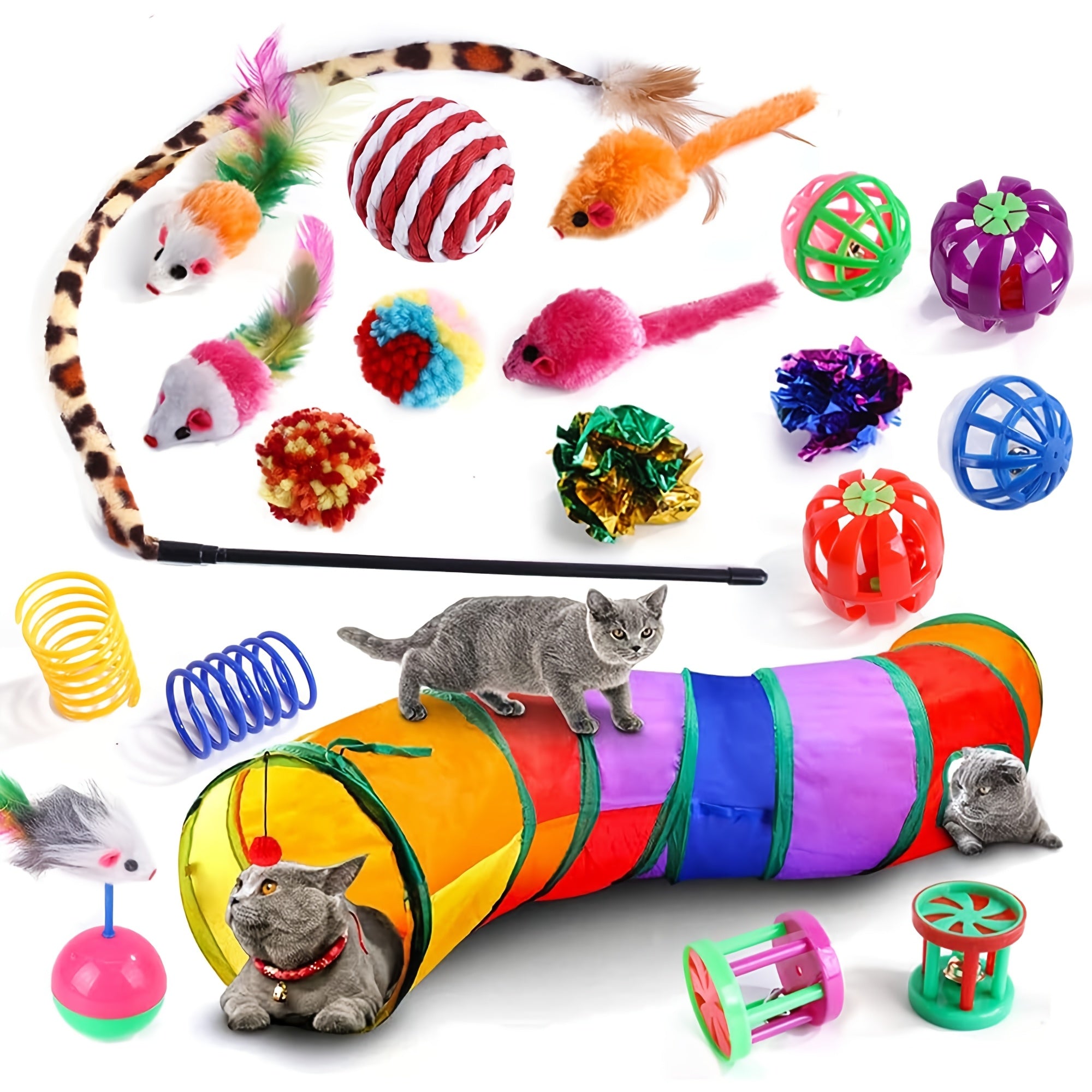 20pcs Cat Toys Kitten Toy Set Folding Camouflage Cat Tunnel Indoor Interactive Pet Toys Teaser Cat Feather Toy Colorful Mouse Plush Ball Bell Ball Toy Kit Kitten Puppy (Colorful)