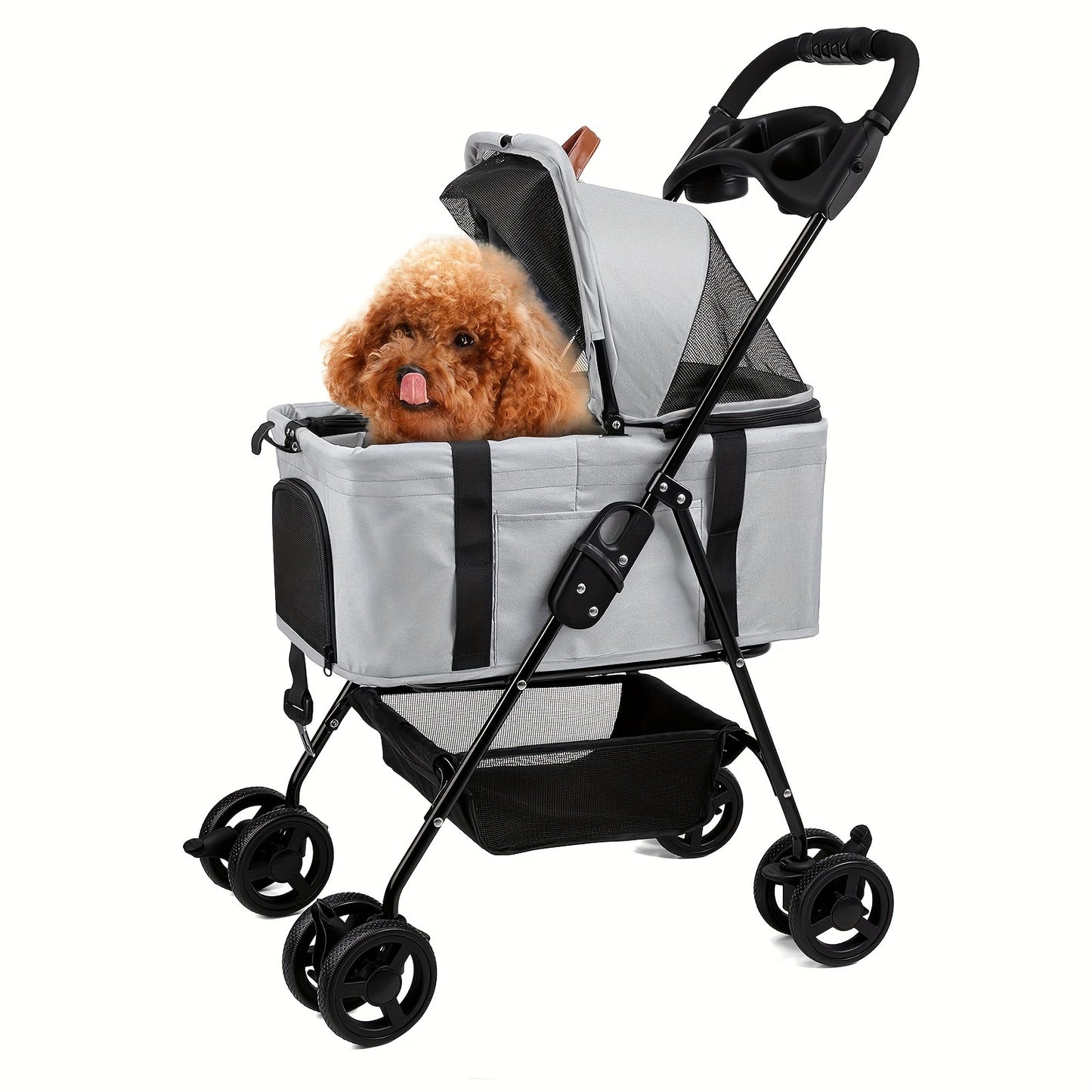 3-in-1 Pet Stroller Carrier - Foldable, Detachable, Car Seat, Stroller with Easy Push Button Entry for Small Pets - Attractive Gray Color