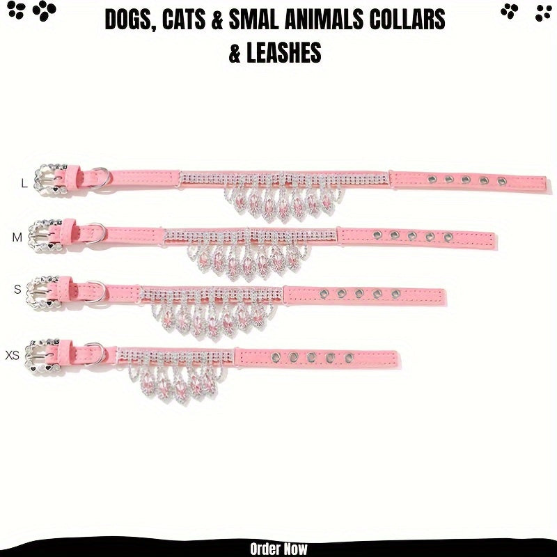 Exquisite Adjustable Jeweled Pet Collar and Leash Set - Soft Leather, Elegant Design, Hand Wash Only, Suitable for Dogs, Cats, and Small Animals