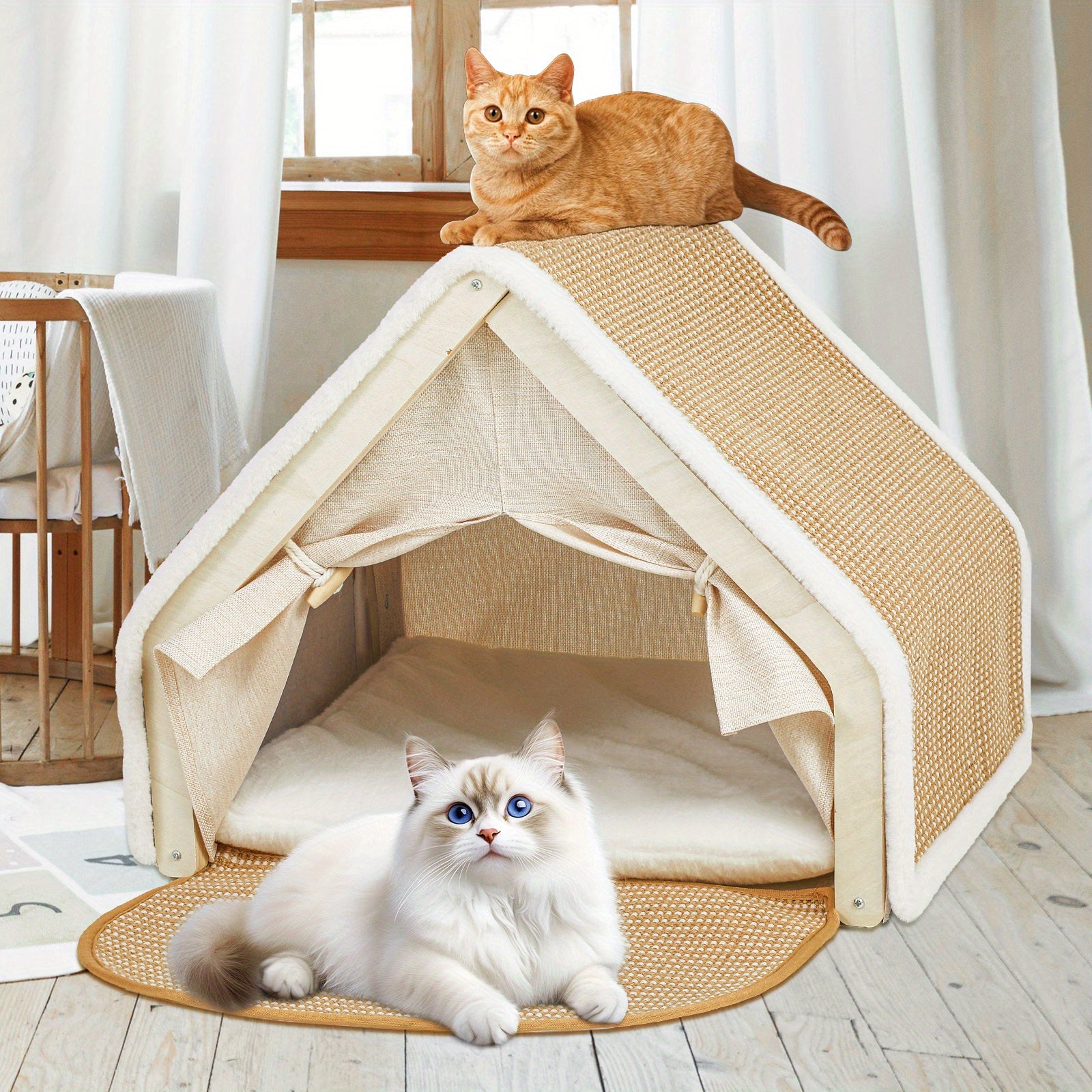19.68" Super Large Sisal Cat Tent Villa - Four-Season Semi-Enclosed Cat Bed with Removable Natural Sisal Scratching Board, Anti-Chip Design & Polyester Fill for Cozy Comfort, Pet Relaxation Spot, Vibrant Home Decor, Durable P