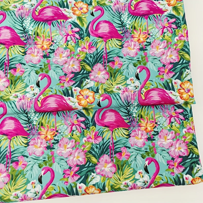 1 Yard Tropical Flamingo & Floral Print Stretch Fabric – Vibrant Pink Flamingos, Colorful Flowers & Tropical Foliage on Aqua Blue Background – Pre-Cut for Shirts, Skirts, Pants, Beachwear, Pajamas, Sportswear, Pet Apparel