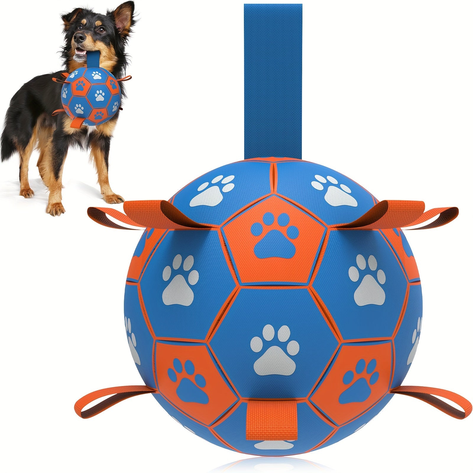 Interactive Dog Toy Ball - Durable Soccer Ball Design with Strong Webbing, Easy-to-Inflate, Encourages Active Play, Chase, and Tug of War - Essential Pet Toy Supplies, Vibrant Orange and Blue, Includes Convenient Inflater