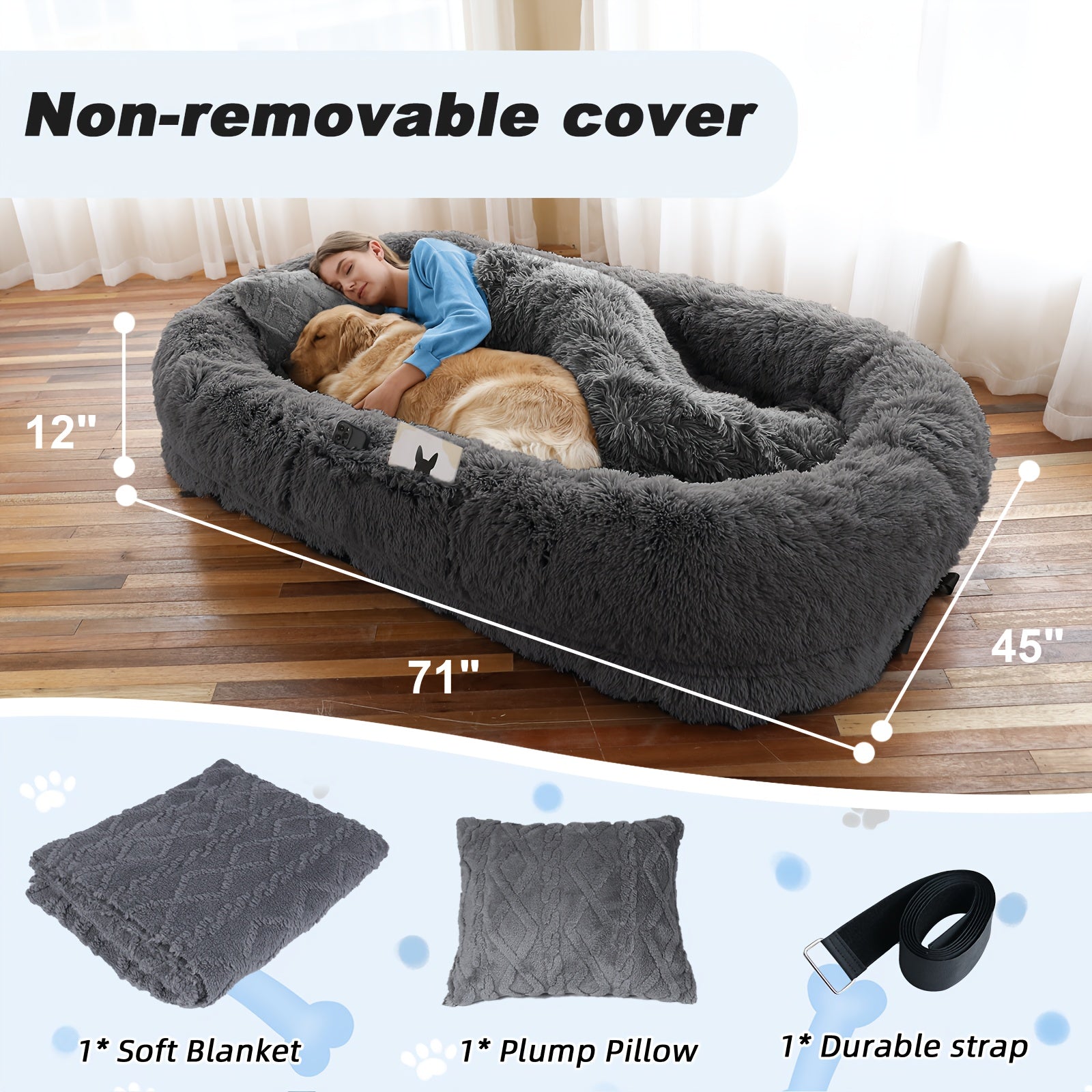 Extra Large Orthopedic Human & Dog Bed with Plush Pillow & Blanket - 71"x45"x12" Washable Faux Fur Pet Couch, Non-Slip Base, Removable Cover - Grey Bed for All Dog Breeds (Small/Medium/Large Dogs) & Cozy Napping Companion for