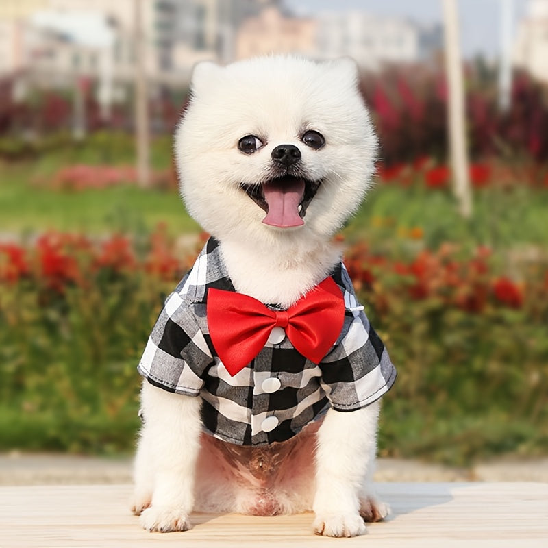 1pc Dog Plaid Suit With Bow Tie, Pet Wedding Attire, Dog Clothes For Small To Large Dogs, Pet Apparel