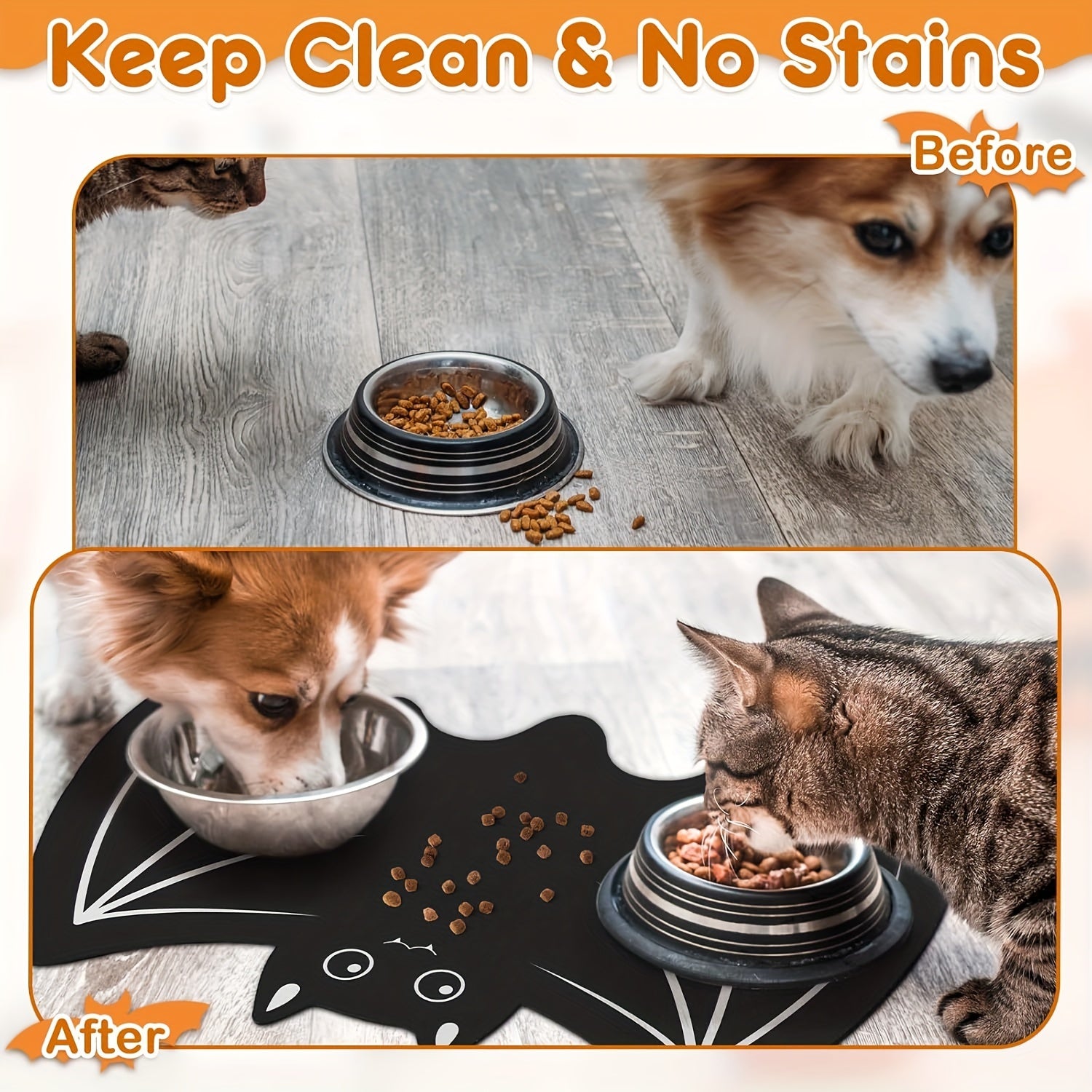 Halloween Pet Mats For Food And Water Dog Cat Food Mats Pet Feeding Mat Anti-Slip No Stains Quick Dry Floors Waterproof Placemat For Pet Food Water Bowl Mat Pet Accessories - 23.6" X 15.7" Bat