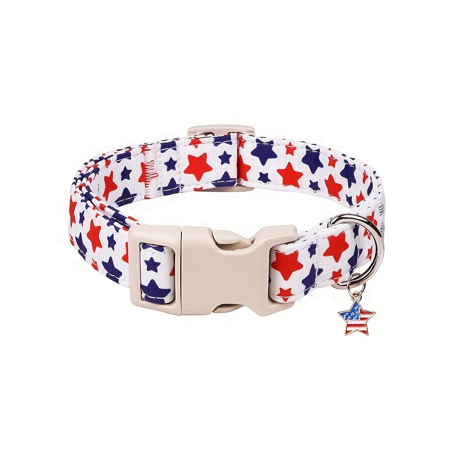 Patriotic American Flag Dog Collar, Adjustable Polyester Pet Collar with Star Pattern, Quick Release Buckle, Festive 4th of July Accessory for Small Dogs