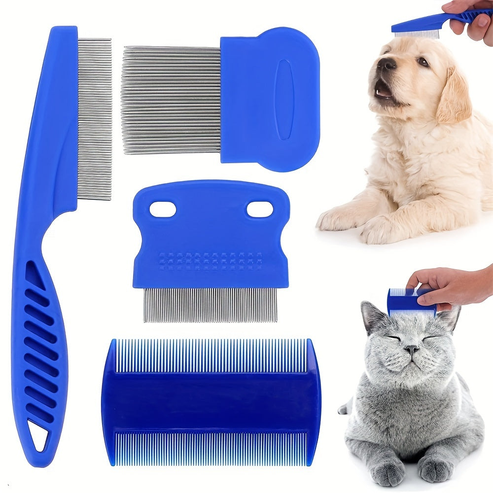 4-Piece Stainless Steel Flea and Lice Comb Set - Professional Double-Sided Pet Grooming Tool for Removing Fleas, Lice, and Tear Stains - Suitable for Small, Medium, and Large Dogs
