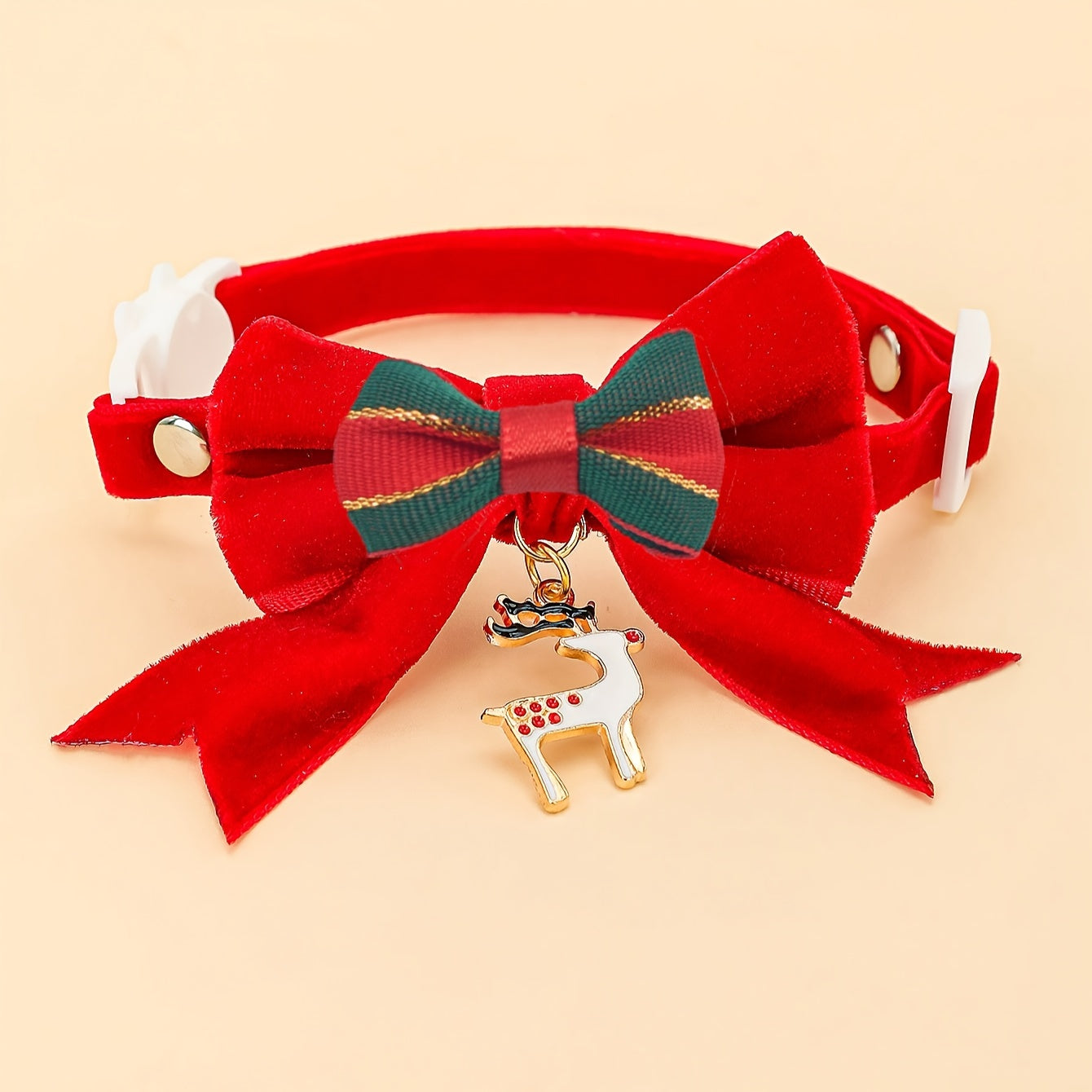 1pc Christmas Bowtie Pet Collar with Reindeer Pendant, Small Breed Polyester Fiber Neck Accessory, Red Velvet Bow, for Cats and Dogs, Holiday Fashion Decor